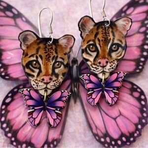Handpainted Ocelot earrings cats butterflies OOAK wildcats leopards